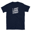 Navy blue shirt with "I Just Look Straight" text, casual gay pride apparel.