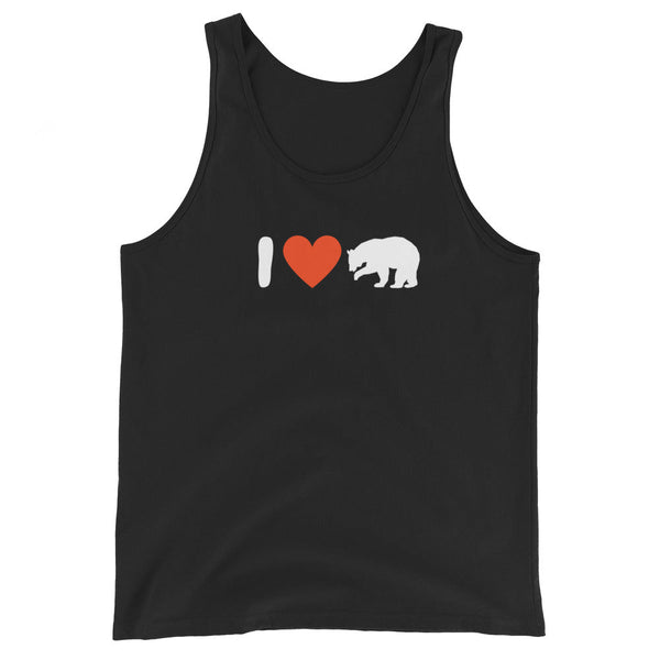 Black tank top featuring "I Love (Heart) Bear" design, perfect gay pride apparel.