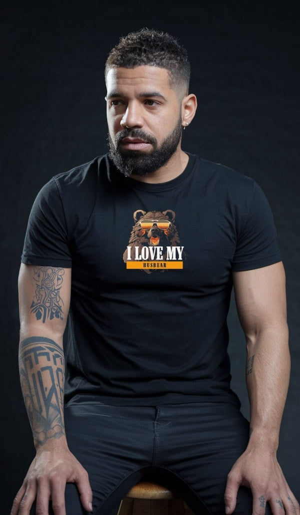 Model wearing black shirt with 'I love my husbear Gay Cubs Bear Gay LGBTQ Rainbow Gay Daddy Bear Pride' graphic.