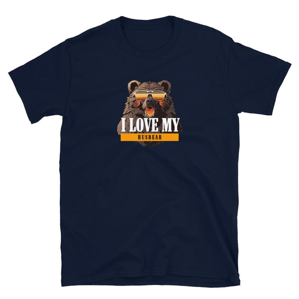 Navy t-shirt with bear graphic and I love my husbear text design for pride.