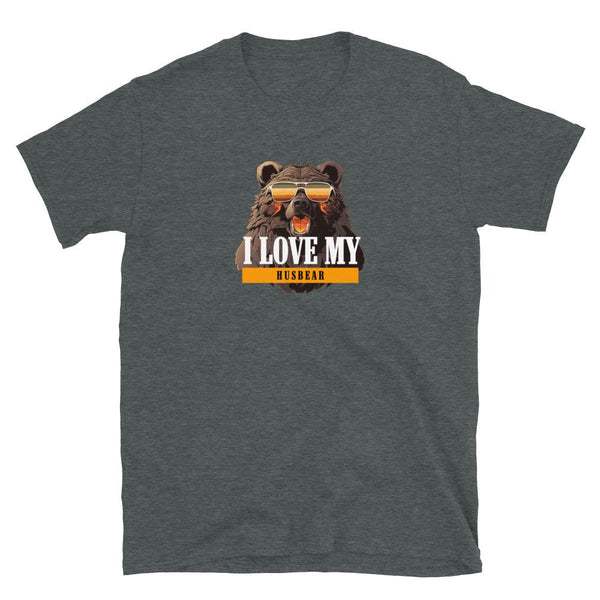 Grey gay shirt with bear graphic and text 'I love my husbear'. Perfect for LGBTQ pride.