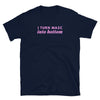 Funny gay shirt featuring the text I Turn Mascs Into Bottom on a navy backdrop.