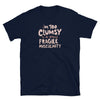 Navy blue feminist shirt featuring quirky text about fragile masculinity.