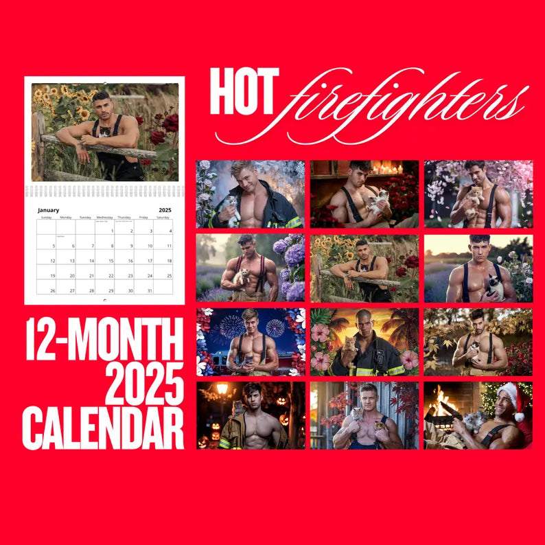 Hot Heroes and Kitten Cuddles 2025 Calendar – Sexy Firefighter Hunks with Cute Cats | Wall Calendar | Gay Gift | LGBTQ Bachelorette Gift
