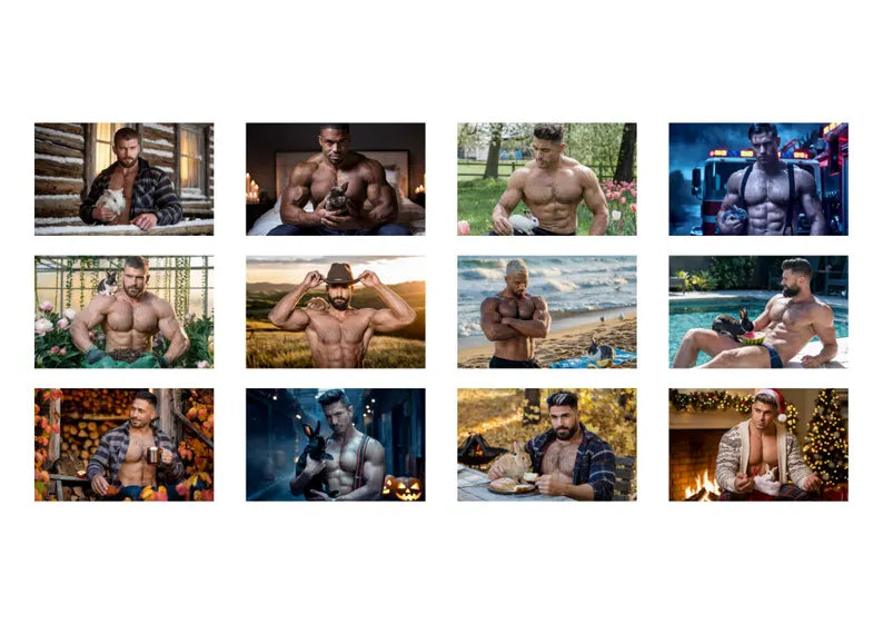 Beefcakes & Bunnies 2025 Calendar – Muscular Hunks with Adorable Rabbits | Sexy Men Wall Calendar | Gay Gift | LGBTQ Bachelorette Gift
