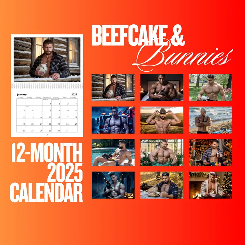 Beefcakes & Bunnies 2025 Calendar – Muscular Hunks with Adorable Rabbits | Sexy Men Wall Calendar | Gay Gift | LGBTQ Bachelorette Gift