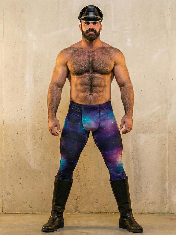 Men's leggings featuring Celestial Blue Purple Nebula Galaxy design, ideal for gay apparel.