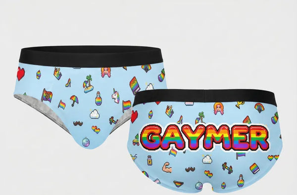 Gay Gaymer Pride Briefs – Retro 8-Bit Game Emoji Underwear