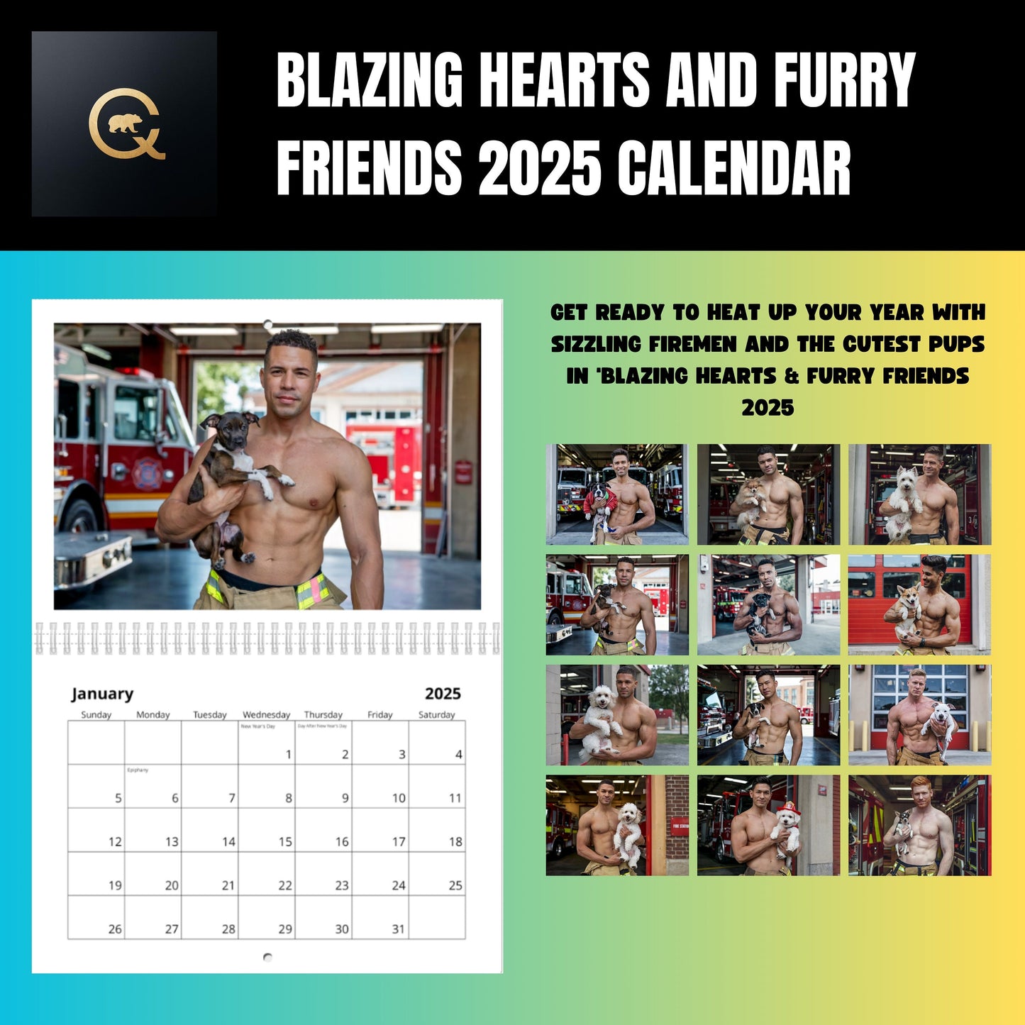 2025 Blazing Hearts & Furry Friends Calendar – Firefighter Hunks & Cute Dogs | Gay Gift & Bachelorette Favorite!