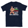 Funny gay shirt featuring a muscular Santa in festive colors, gay pride apparel.
