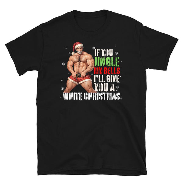 Funny gay shirt featuring muscular man in Santa hat and festive text.
