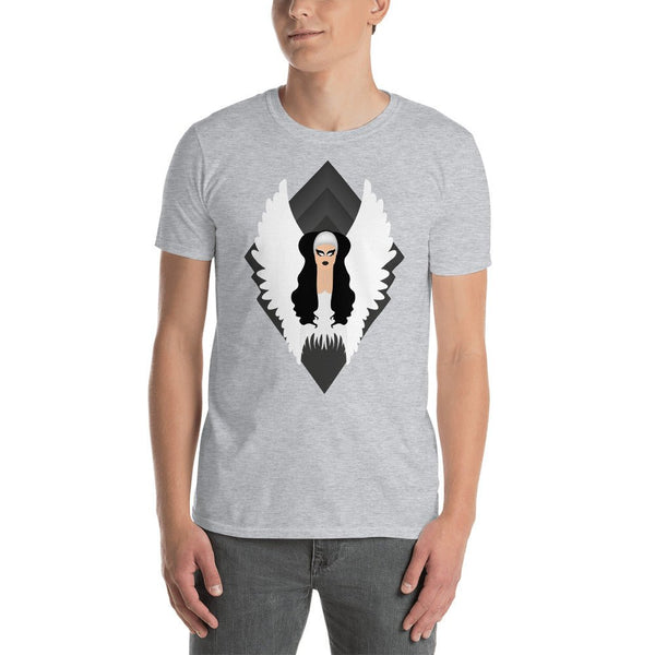 Graphic tee featuring Kim Chi Angel design on a light grey unisex shirt.