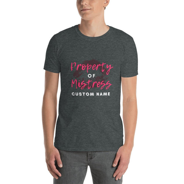 Custom BDSM shirt featuring "Property of Mistress" text design in pink.