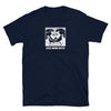 Navy shirt with graphic of two bearded men kissing, LGBTQ pride apparel.