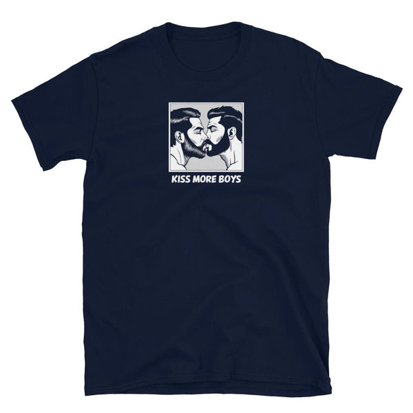 Navy shirt with graphic of two bearded men kissing, LGBTQ pride apparel.