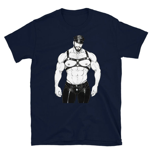 Navy gay shirt featuring a muscular man in harness, part of Leather Bear 3 Gay Pride LGBTQ Pride Leather Daddy Gay Pride / Bdsm / Leather.