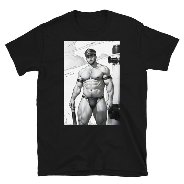 Muscular man in a black gay shirt with Leather Bear Gay LGBTQ Pride Leather Daddy Gay Pride / Bdsm / Leather design.