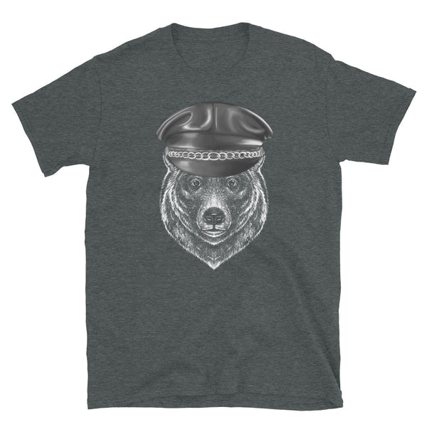 Leather Bear Pride T-Shirt featuring a bear wearing a leather cap, gay pride apparel.