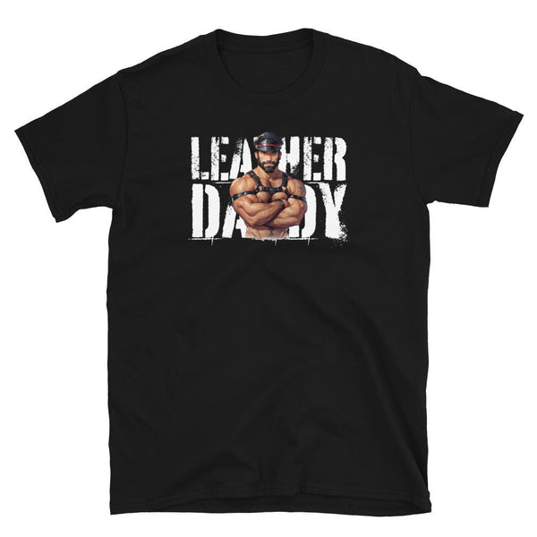 Black gay shirt featuring muscular man and 'LEATHER DADDY' text, perfect for pride events.