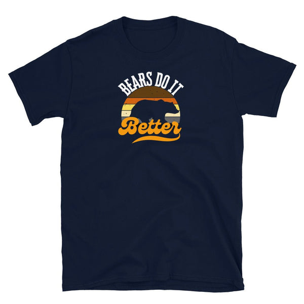 Navy blue gay shirt featuring "Bears Do It Better" graphic, perfect for pride events.