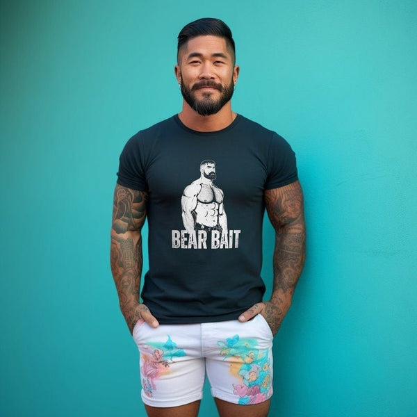 Model wearing black LGBT Gay Pride Bear Bait muscle bear shirt with graphic design.