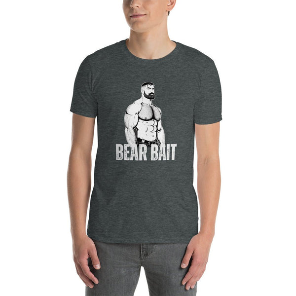 Muscle bear shirt featuring graphic design, LGBT Gay Pride Bear Bait, stylish grey cotton.