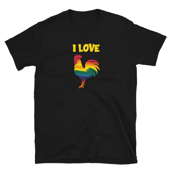 LGBT Unisex I Love Cock Pride Tee! Rainbow Rooster TShirt in black.