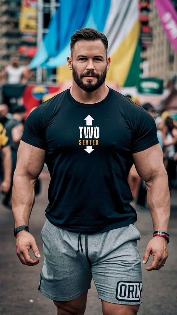 LGBTQ Funny Gay Shirt for Men, Two Seater, Power Top Gift for Gay Guys model wearing black shirt