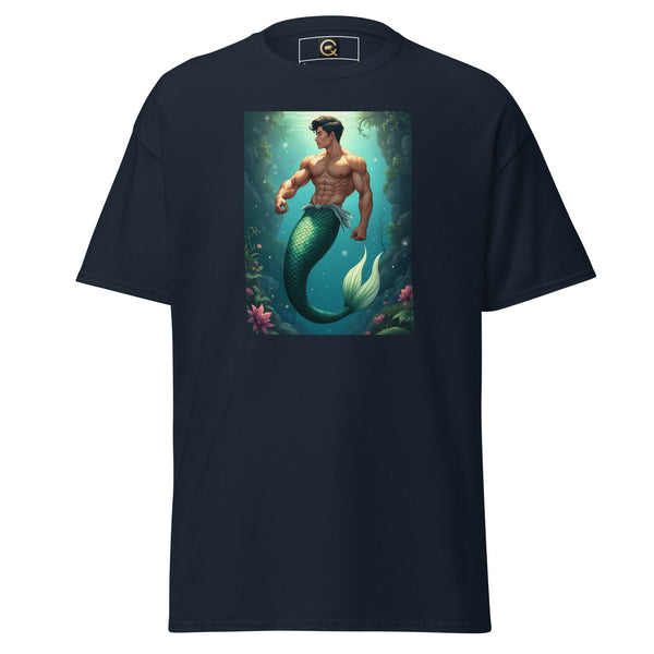 LGBTQ Merpride - Male Merman Asian Mermaid Shirt on a navy tee with colorful graphic.