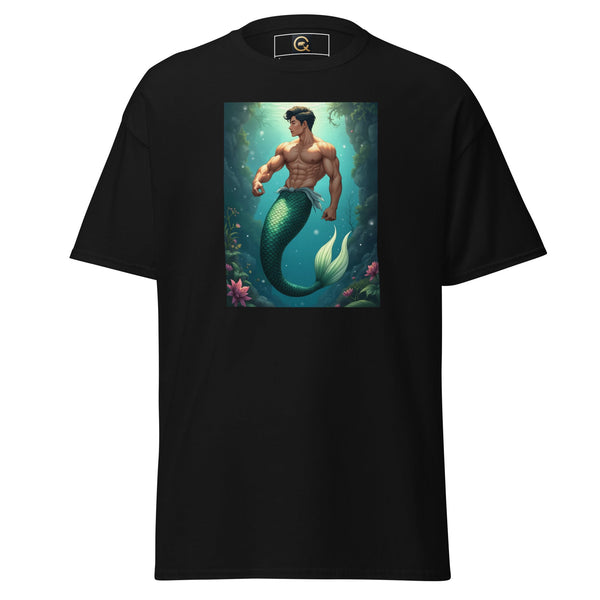 Black shirt featuring a muscular male merman design, trendy LGBTQ Merpride - Male Merman Asian Mermaid Shirt.