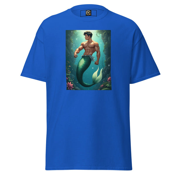 Blue shirt featuring a muscular male merman design, LGBTQ Merpride - Male Merman Asian Mermaid Shirt.