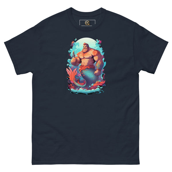 LGBTQ Merpride - Male Merman Daddy Bear Mermaid Shirt with colorful graphics on navy fabric.