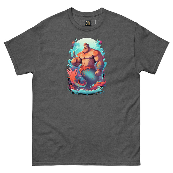 Gray gay shirt featuring a muscular male merman design, LGBTQ Merpride - Male Merman Daddy Bear Mermaid Shirt.