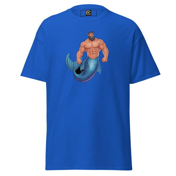 LGBTQ Merpride - Male Merman - Daddy Bear Mermaid Shirt in blue with masculine merman graphic.