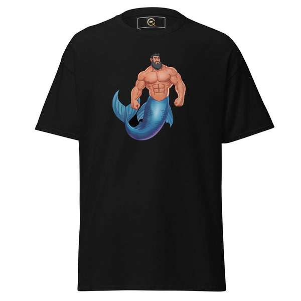 Black shirt featuring a muscular male merman graphic, perfect LGBTQ Merpride - Male Merman - Daddy Bear Mermaid Shirt.