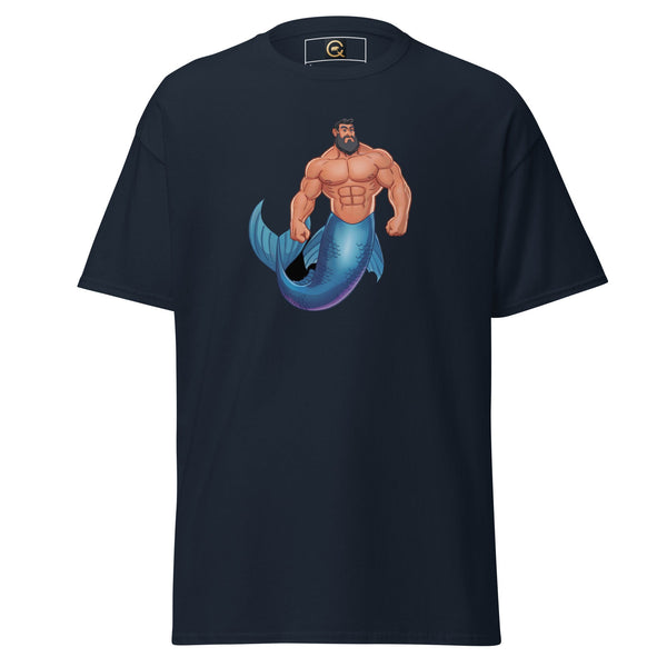 Navy gay shirt featuring a muscular male merman design, representing LGBTQ Merpride.