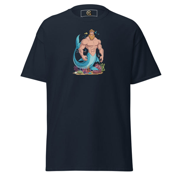 Navy blue gay shirt featuring a muscular male merman graphic design.