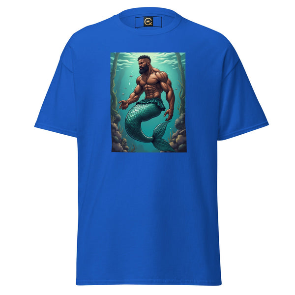 LGBTQ Merpride - Male Merman - Damien Mermaid Shirt in blue featuring a muscular merman graphic.