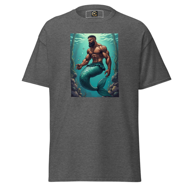 LGBTQ Merpride - Male Merman - Damien Mermaid Shirt with colorful design on grey fabric.