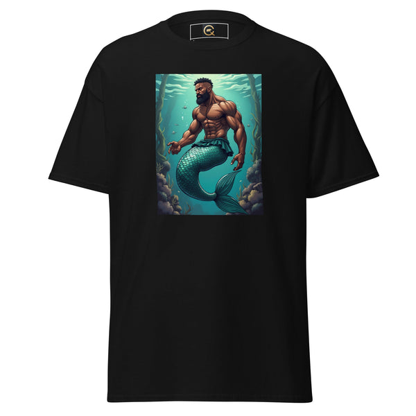 LGBTQ Merpride - Male Merman - Damien Mermaid Shirt featuring a muscular merman on a black tee.