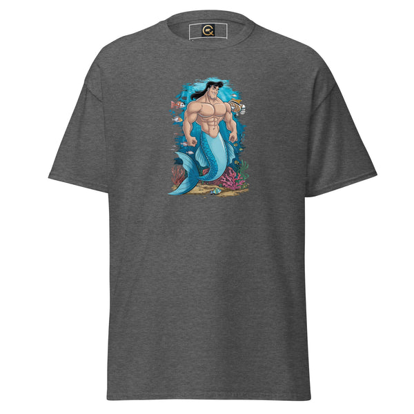 Gray t-shirt featuring a muscular male mermaid design, LGBTQ Merpride - Male Merman - Handsome Mermaid Shirt.