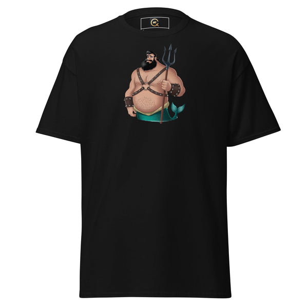 Black t-shirt featuring a male merman with a trident for LGBTQ Merpride - Male Merman - Leather Chub & Bear Mermaid Shirt.