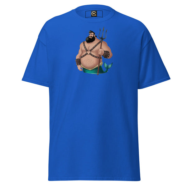 LGBTQ Merpride - Male Merman - Leather Chub & Bear Mermaid Shirt on blue cotton tee.