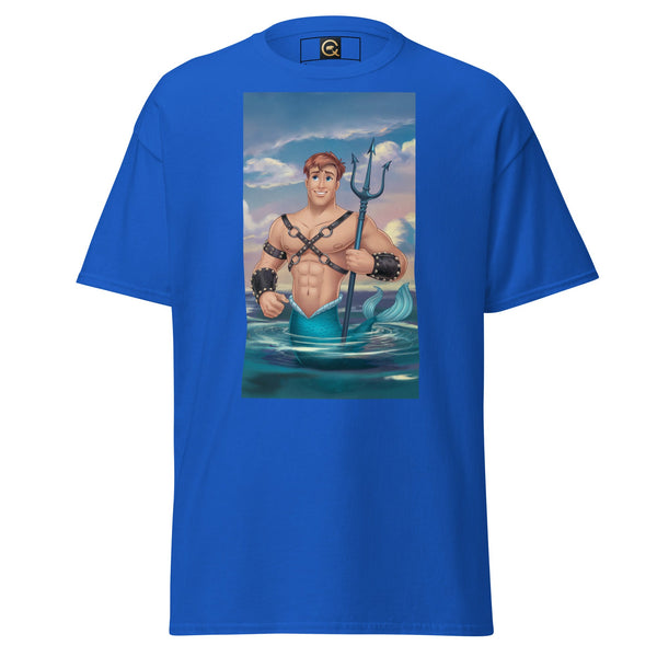 LGBTQ Merpride - Male Merman - Leather Twink Jock Mermaid Shirt in blue with muscular merman graphic.