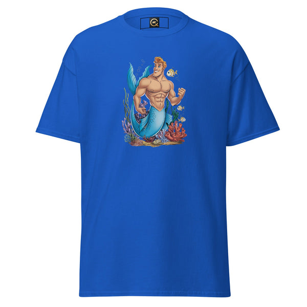 LGBTQ Merpride - Male Merman - Twink Jock Mermaid Shirt in blue with graphic design.