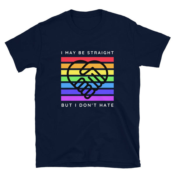 Navy LGBTQ shirt with rainbow stripes and handshake design, funny pride apparel.