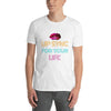 Model wearing a funny gay shirt with vibrant 'Lip Sync For Your Life' graphic.