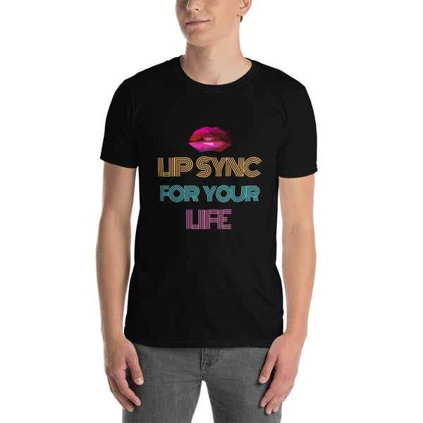Black gay shirt featuring colorful text design 'LIP SYNC FOR YOUR LIFE'