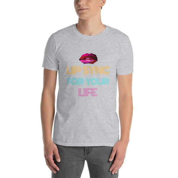 Model wearing a grey gay shirt with colorful 'Lip Sync For Your Life' graphic.