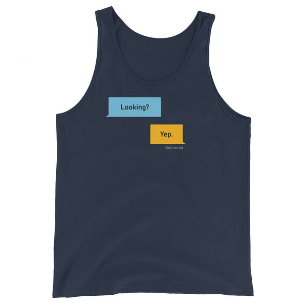 Looking? Yep. Grindr Dialogues LGBT Gay Tank Top in navy, graphic text design.